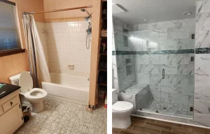 Outdated bathroom before renovation in Canton Georgia home showing old fixtures and dated design