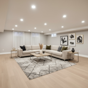 bright, modern finished basement with recessed lighting and comfortable seating area