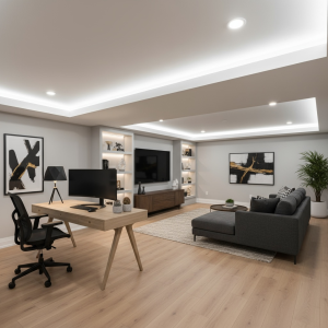 finished basement space being used as a home office or entertainment area with modern furniture
